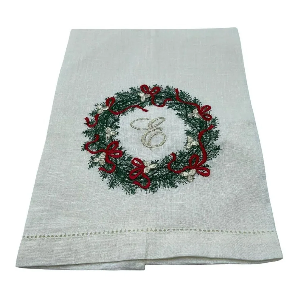 Embroidered Monogram Letter E Christmas Linen Handtowel Wreath Design